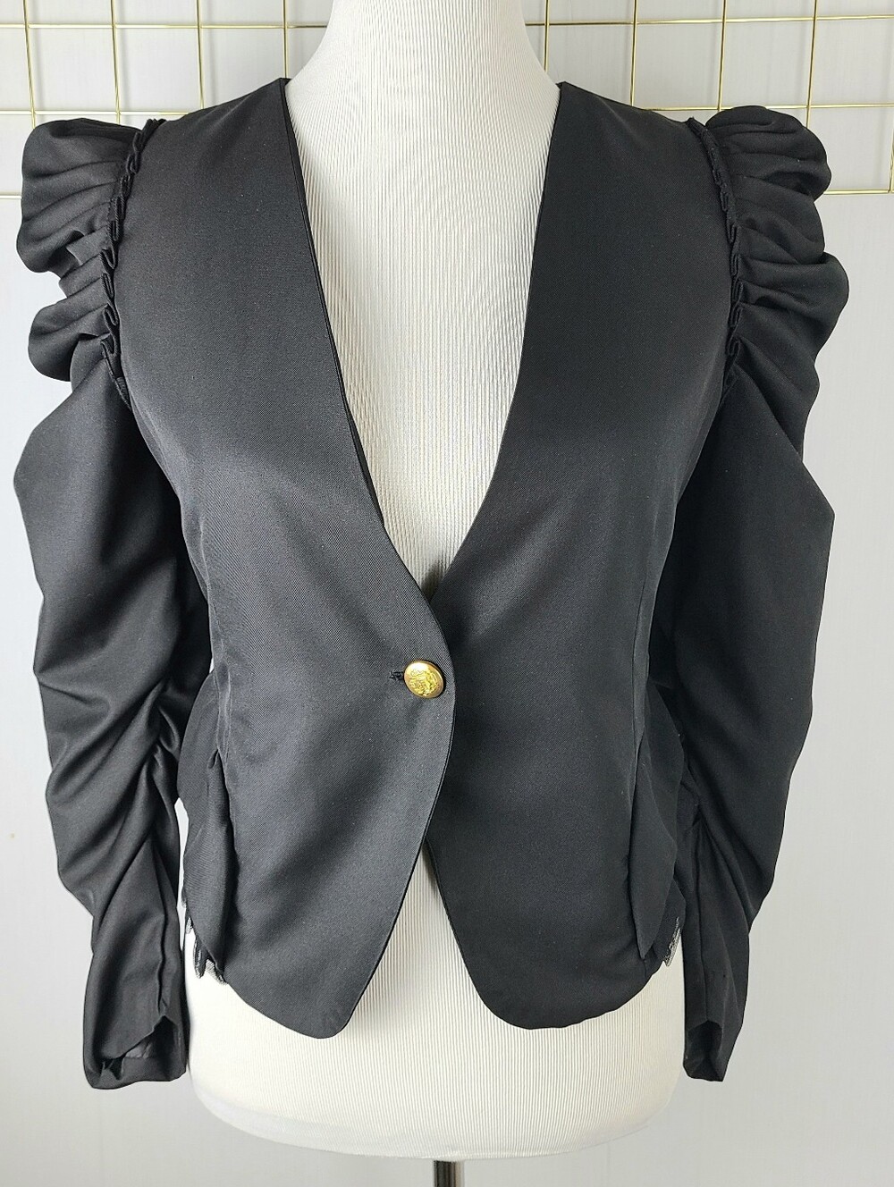 Love University Puff Shoulder Cropped Gold Button Blazer